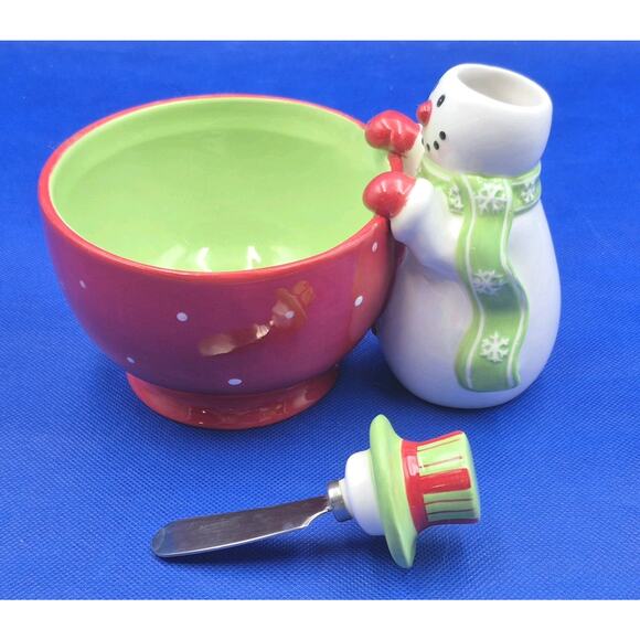 Festive Ceramic Snowman Dip Bowl with Serving Knife Red Green White 8x5x6" - Picture 7 of 8